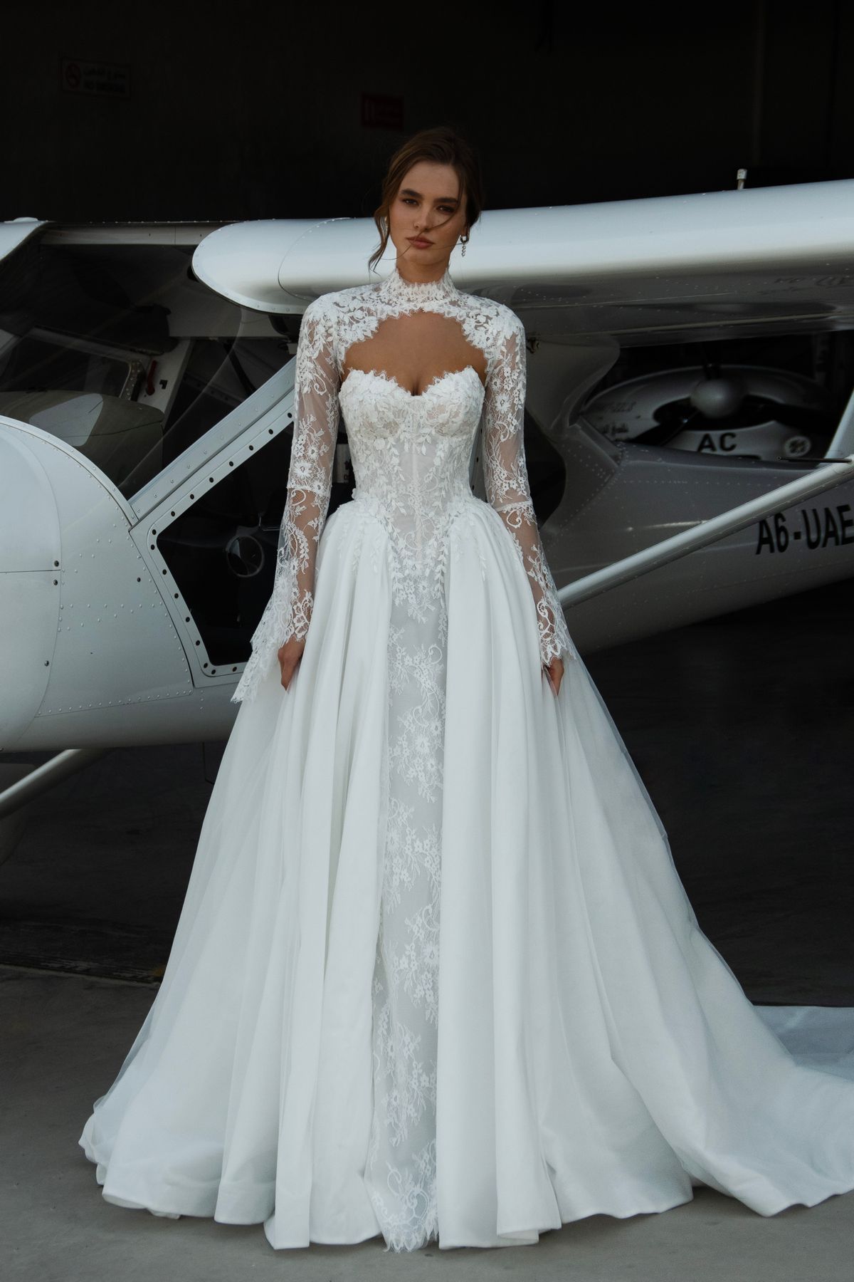 THE DRESS WARE HOUSE -THE DRESS WARE HOUSE satin amd lace wedding dress Leontine with basque waist and long lace sleeves nz 2